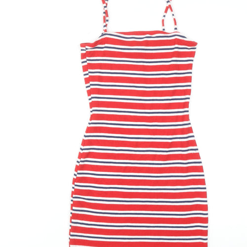 H&M Women Red Striped Bodycon Jersey Dress Size 8