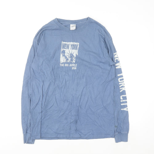 Gildan Men Blue Long Sleeve New York Graphic Cotton Top M