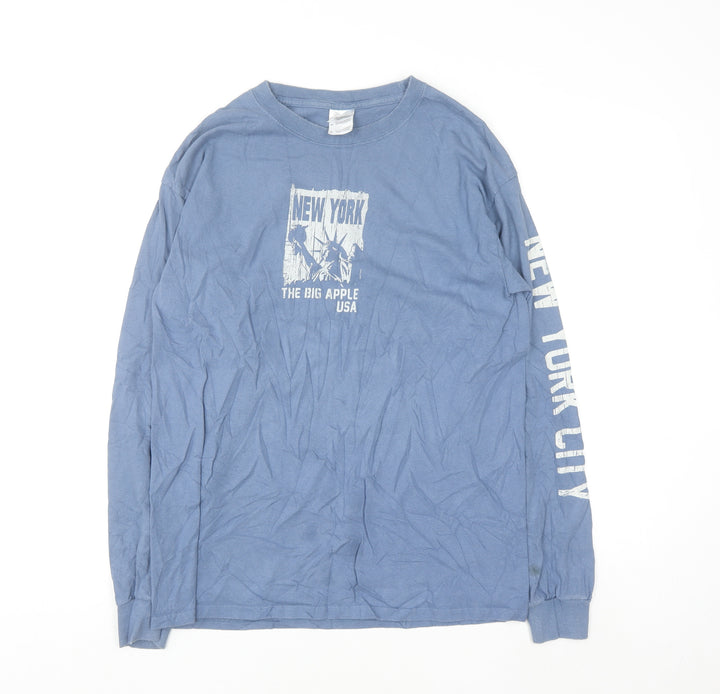 Gildan Men Blue Long Sleeve New York Graphic Cotton Top M