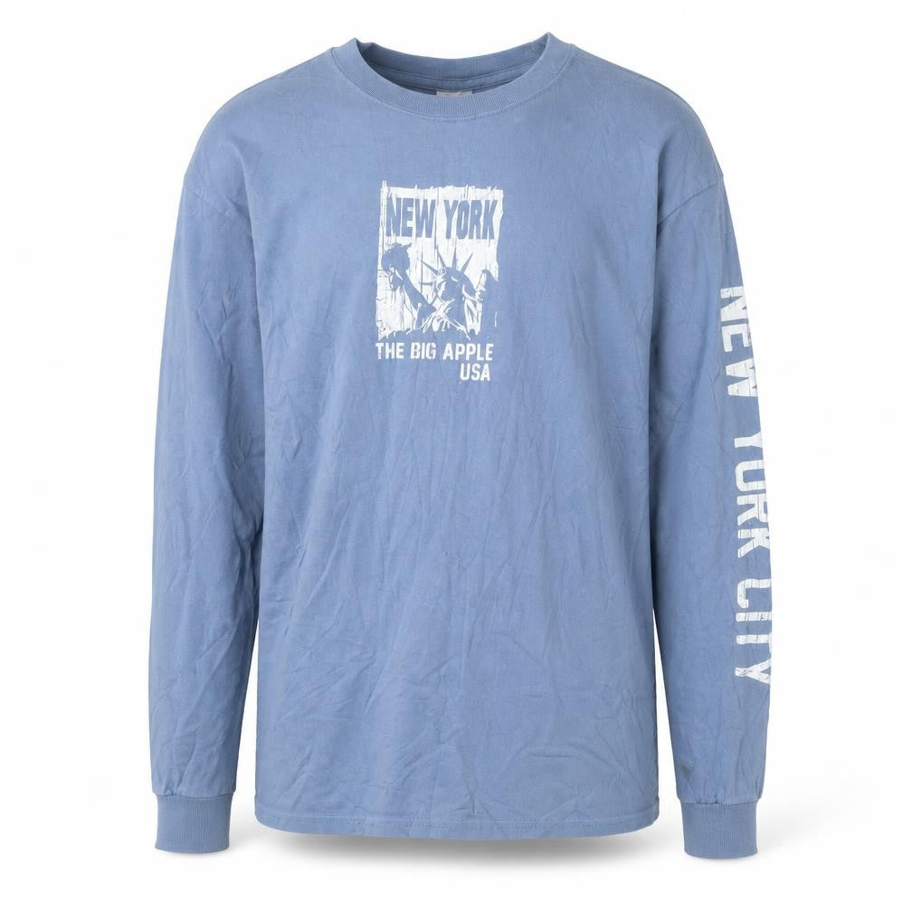 Front view of Gildan Men Blue Long Sleeve New York Graphic Cotton Top M