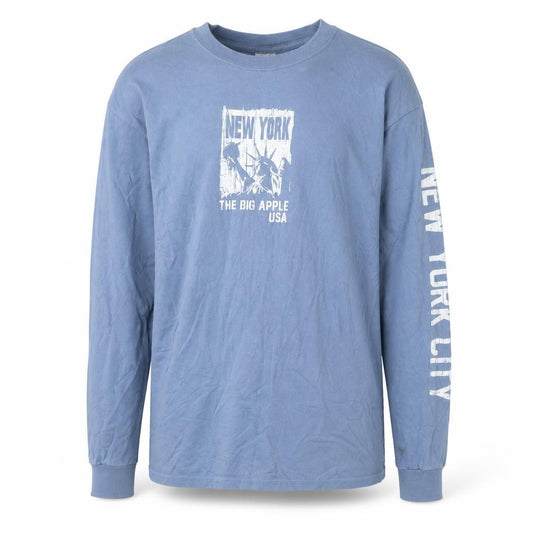 Front view of Gildan Men Blue Long Sleeve New York Graphic Cotton Top M