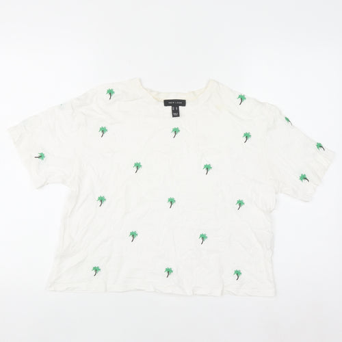 New Look Women's White Embroidered Palm T-Shirt UK 10 Cotton Summer Top
