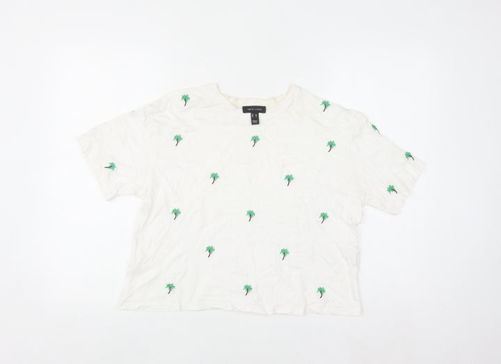 New Look Women's White Embroidered Palm T-Shirt UK 10 Cotton Summer Top
