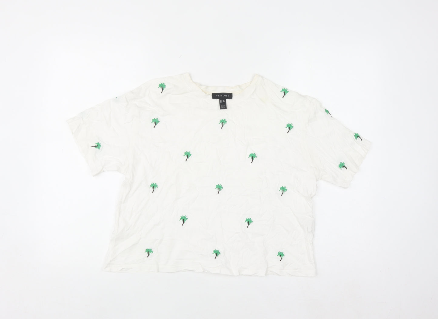 New Look Women's White Embroidered Palm T-Shirt UK 10 Cotton Summer Top