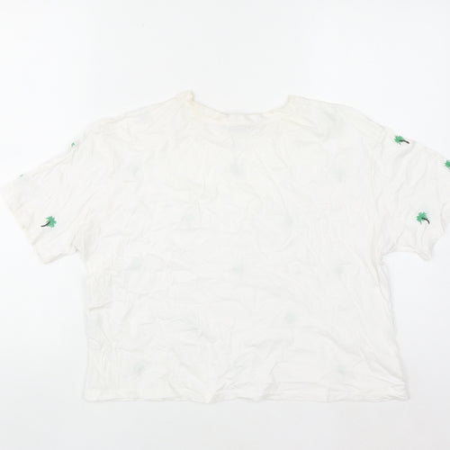 New Look Women's White Embroidered Palm T-Shirt UK 10 Cotton Summer Top