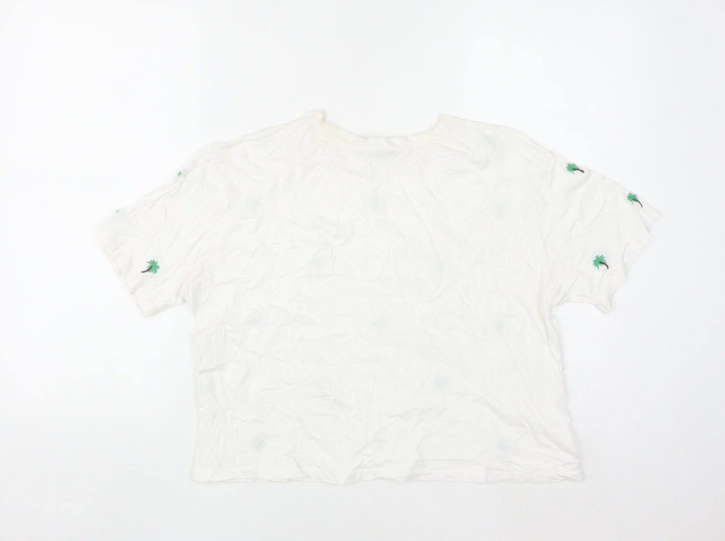New Look Women's White Embroidered Palm T-Shirt UK 10 Cotton Summer Top