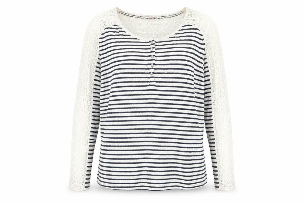 Front view of FatFace women’s blue white stripe henley knit jumper, size UK 16