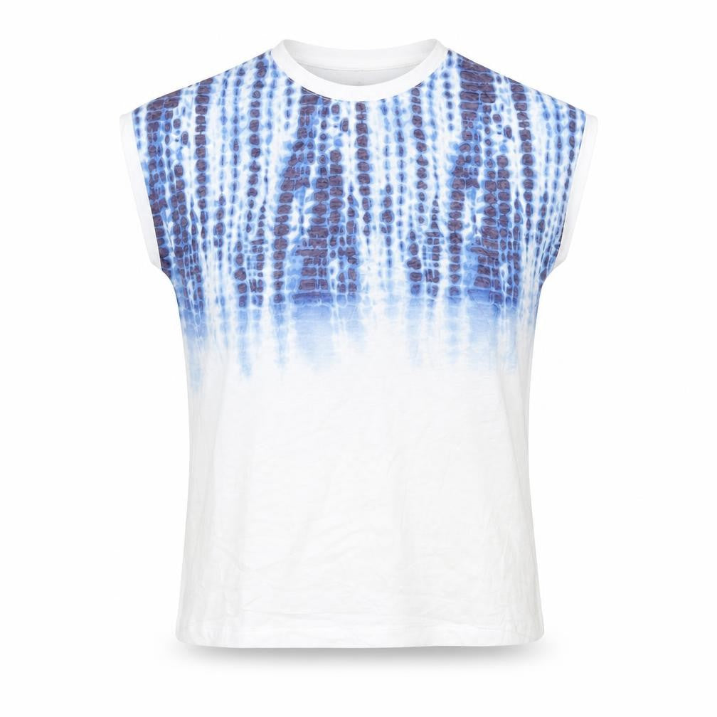 Front view of M&Co Women's Blue Sleeveless Geometric T-Shirt, size 12