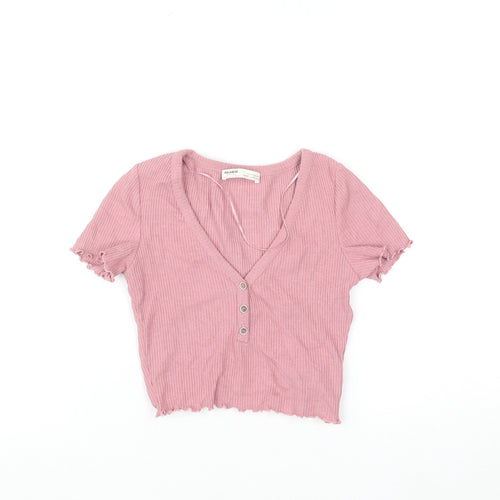 Pull & Bear Women Pink XS Slim V-Neck Ribbed Knit Cardigan