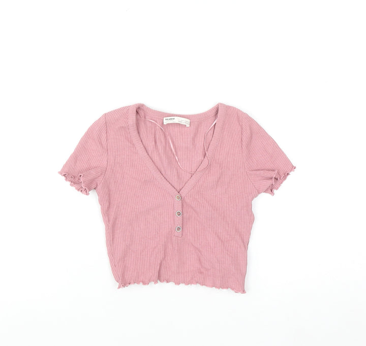 Pull & Bear Women Pink XS Slim V-Neck Ribbed Knit Cardigan