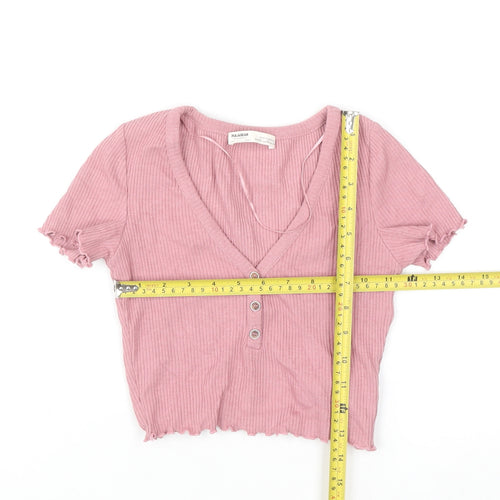 Pull & Bear Women Pink XS Slim V-Neck Ribbed Knit Cardigan