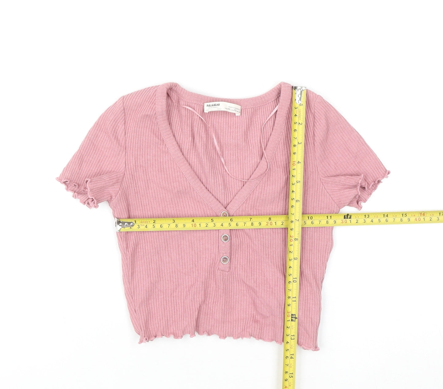Pull & Bear Women Pink XS Slim V-Neck Ribbed Knit Cardigan