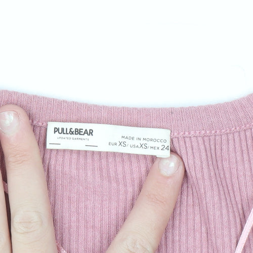 Pull & Bear Women Pink XS Slim V-Neck Ribbed Knit Cardigan