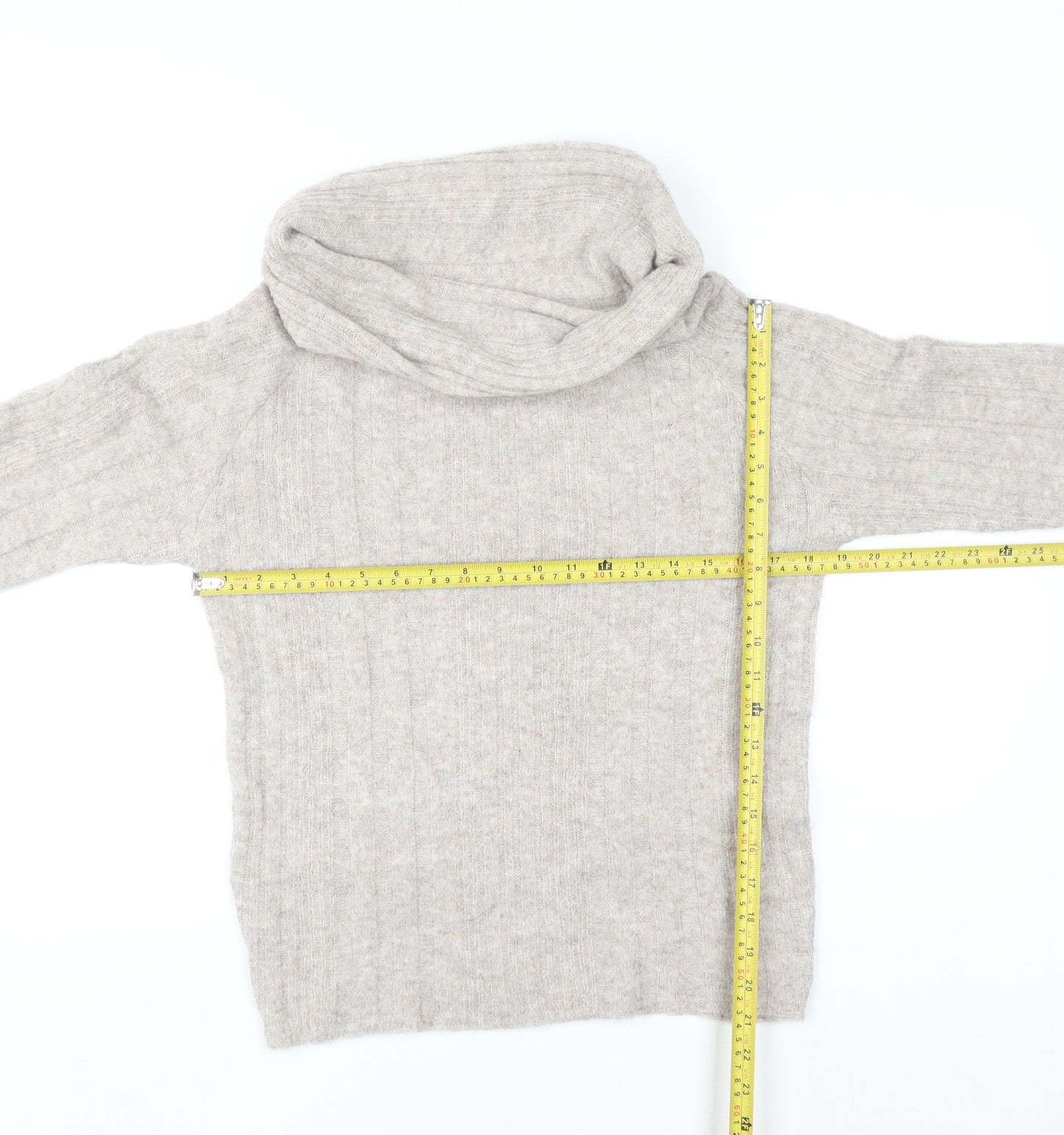 Boohoo Women Beige Cowl Neck Rib Knit Jumper Size S