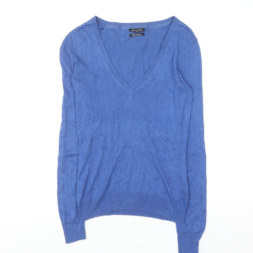 Massimo Dutti Women's Blue Silk Cotton Cashmere V-Neck Jumper S