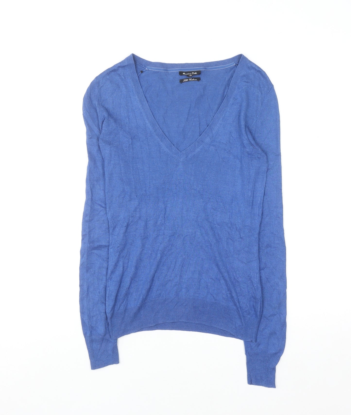 Massimo Dutti Women's Blue Silk Cotton Cashmere V-Neck Jumper S