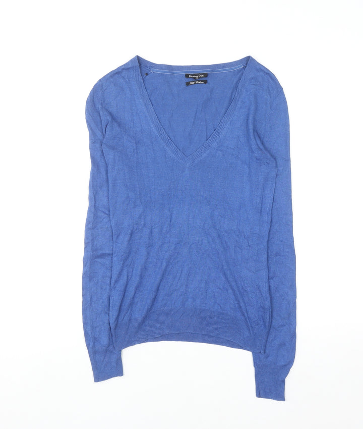 Massimo Dutti Women's Blue Silk Cotton Cashmere V-Neck Jumper S