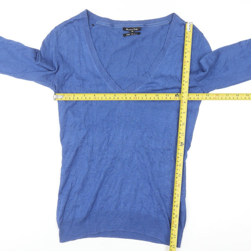 Massimo Dutti Women's Blue Silk Cotton Cashmere V-Neck Jumper S