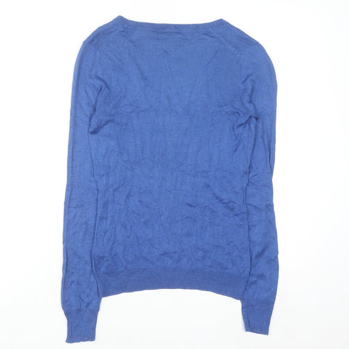 Massimo Dutti Women's Blue Silk Cotton Cashmere V-Neck Jumper S