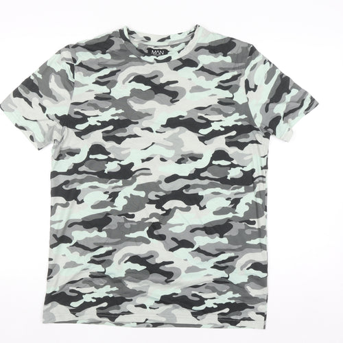 boohooMAN Men's Grey Camouflage Short Sleeve Crew Neck T-Shirt M