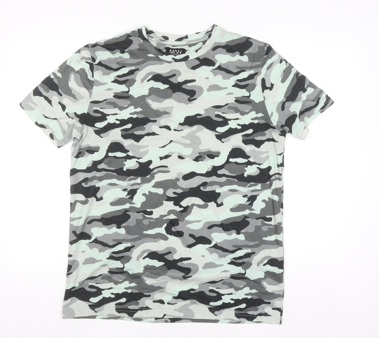 boohooMAN Men's Grey Camouflage Short Sleeve Crew Neck T-Shirt M