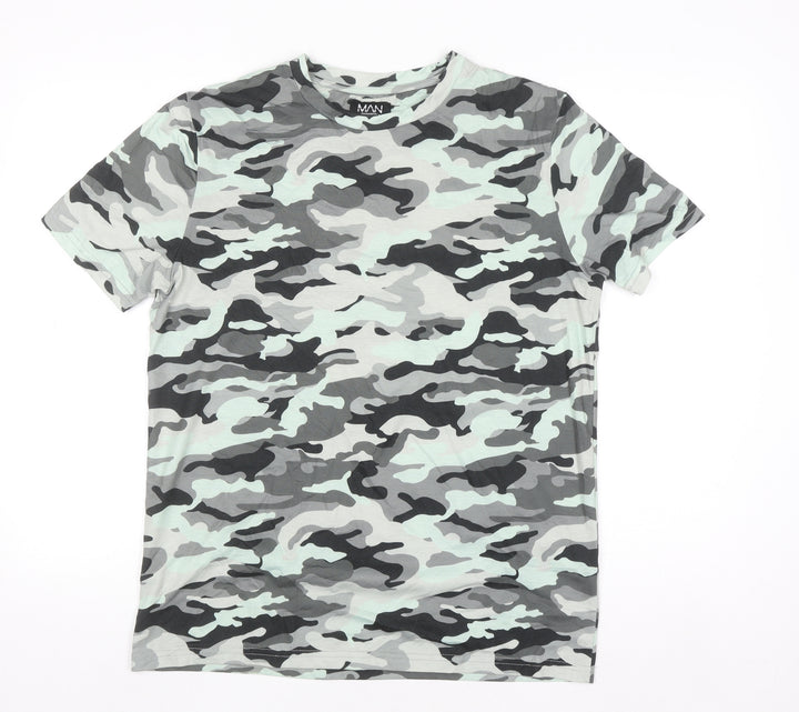 boohooMAN Men's Grey Camouflage Short Sleeve Crew Neck T-Shirt M