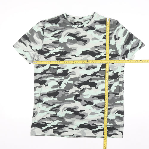 boohooMAN Men's Grey Camouflage Short Sleeve Crew Neck T-Shirt M
