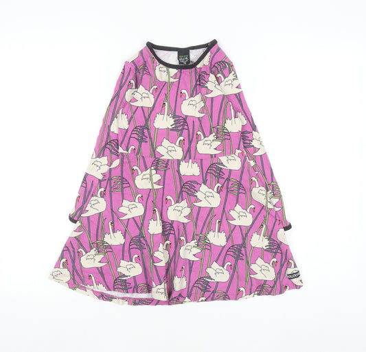 Viller Valla Girls Pink Swan Print Long Sleeve Cotton A-Line Dress 5 Years
