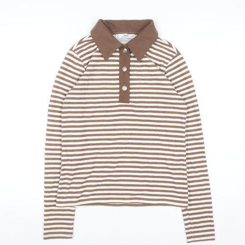MNG Women Brown Stripe Collared Henley Jumper Size M