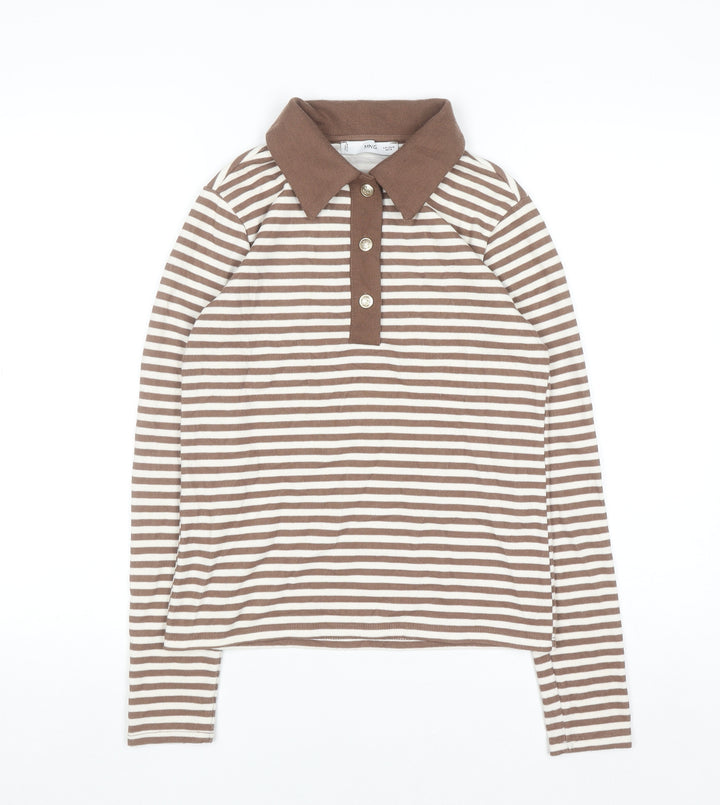 MNG Women Brown Stripe Collared Henley Jumper Size M