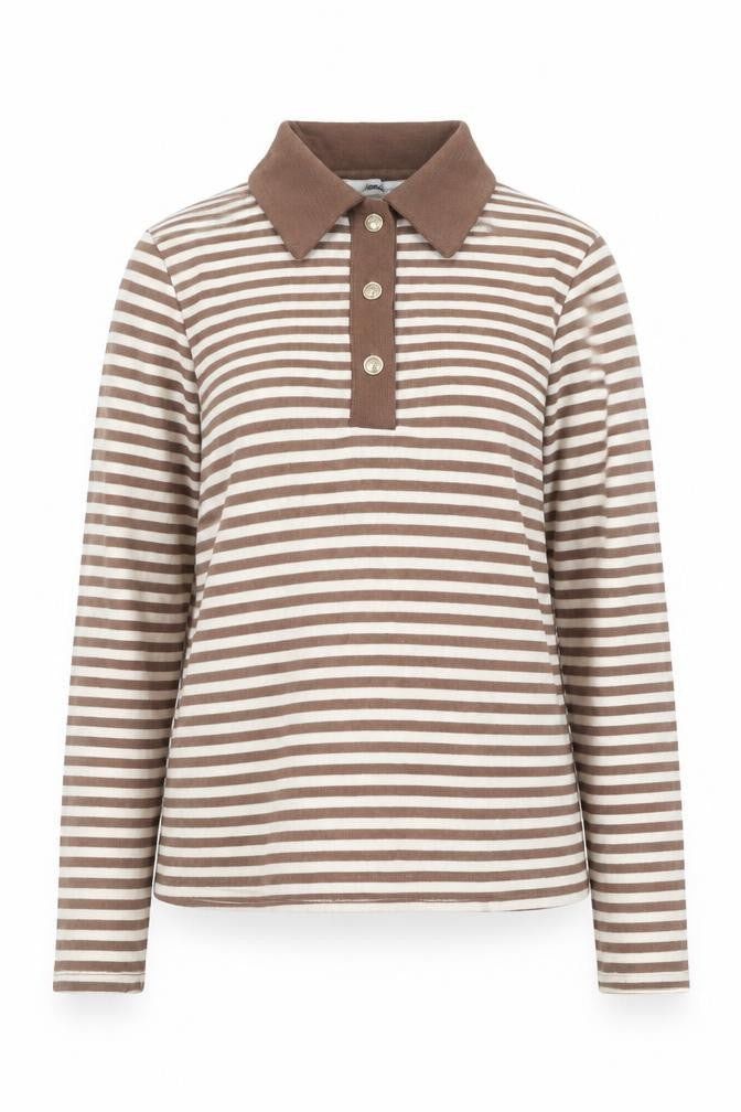 Front view of Mango Women Brown Stripe Collared Henley Jumper, size M