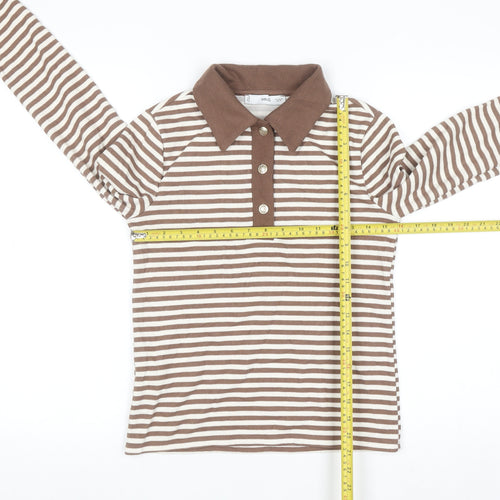 MNG Women Brown Stripe Collared Henley Jumper Size M