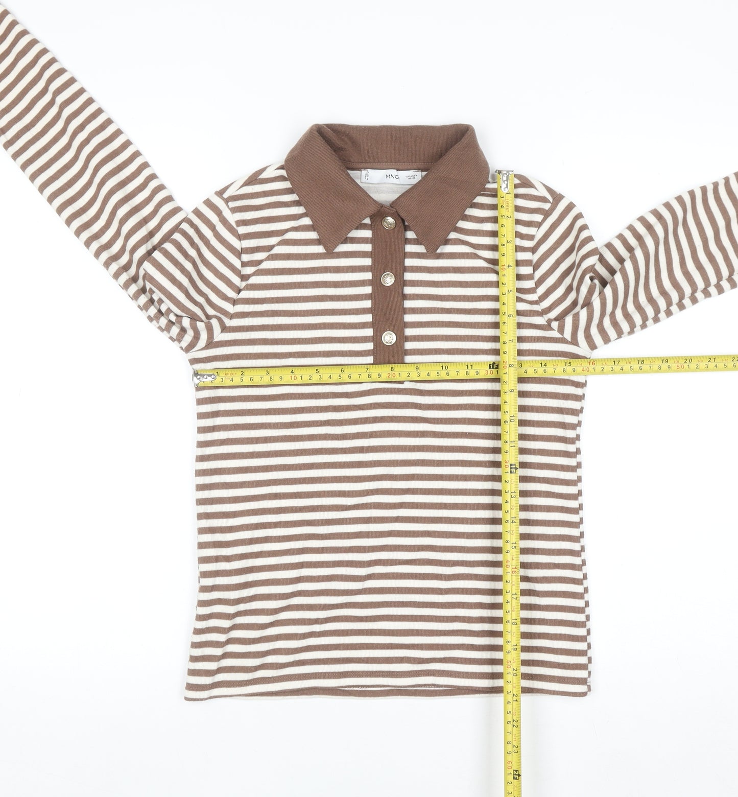 MNG Women Brown Stripe Collared Henley Jumper Size M