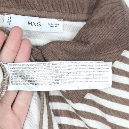 MNG Women Brown Stripe Collared Henley Jumper Size M