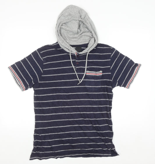Urban Spirit Men's Blue Stripe Short Sleeve Henley Hoodie M