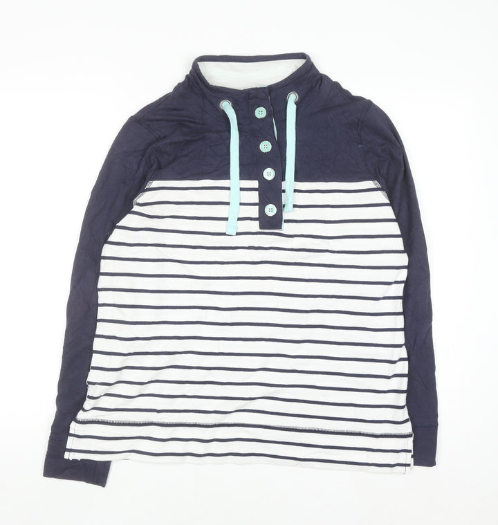 BHS Womens Blue White Striped Henley High Neck Cotton Jumper Size 16