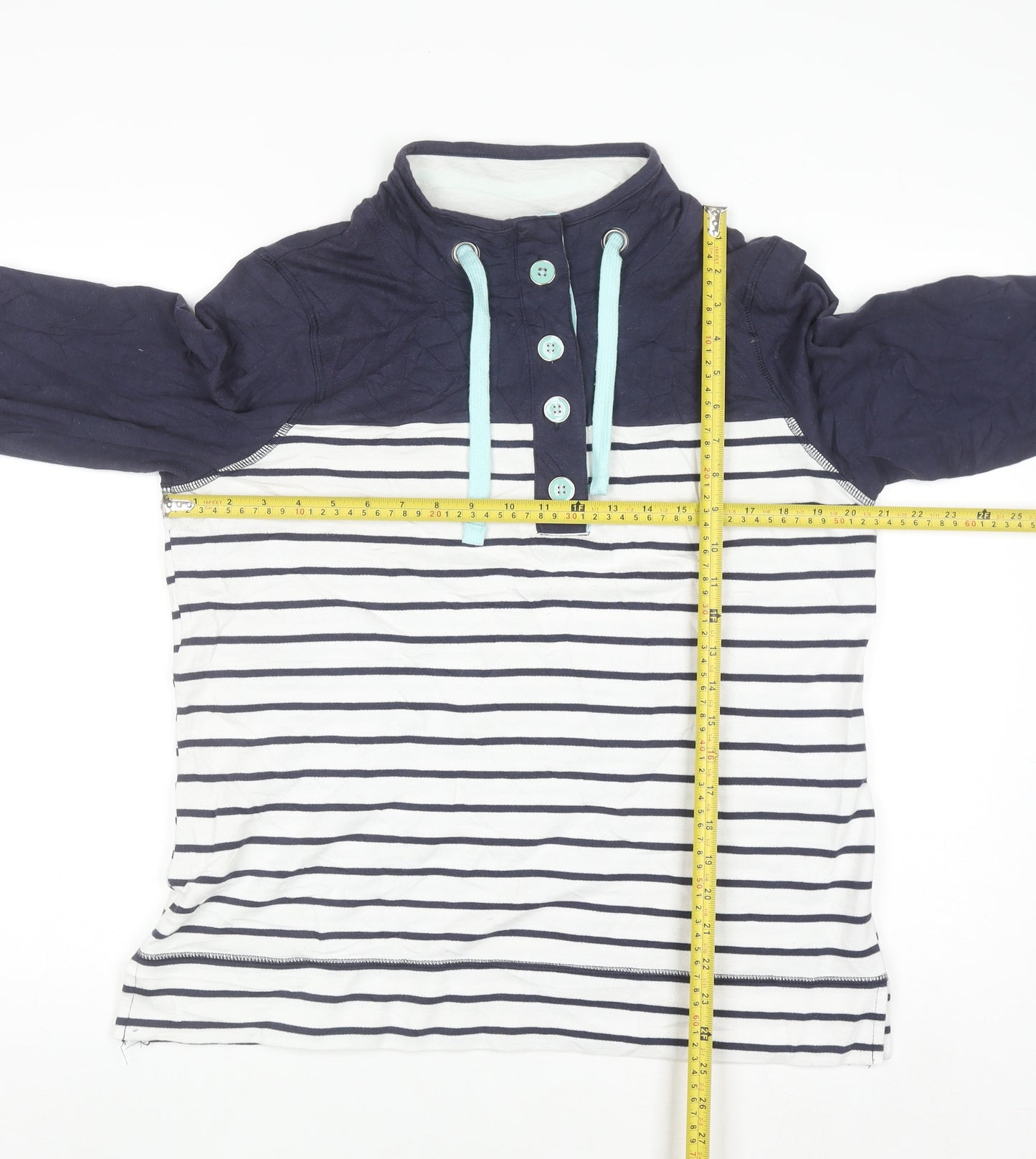 BHS Womens Blue White Striped Henley High Neck Cotton Jumper Size 16