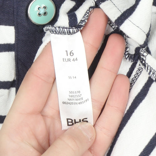 BHS Womens Blue White Striped Henley High Neck Cotton Jumper Size 16