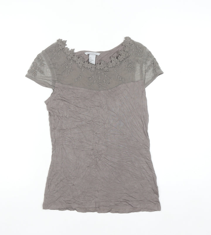 H&M Women’s Grey Embroidered Short Sleeve Blouse Size S