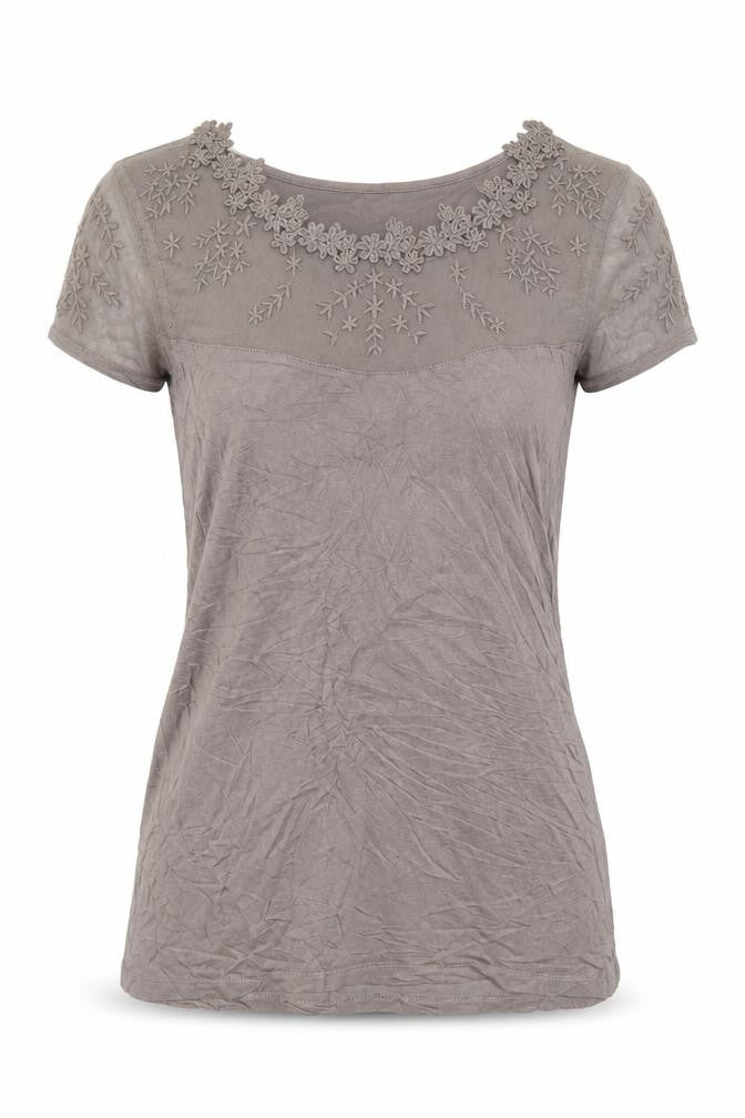 Front view of H&M Women’s Grey Embroidered Short Sleeve Blouse, size S