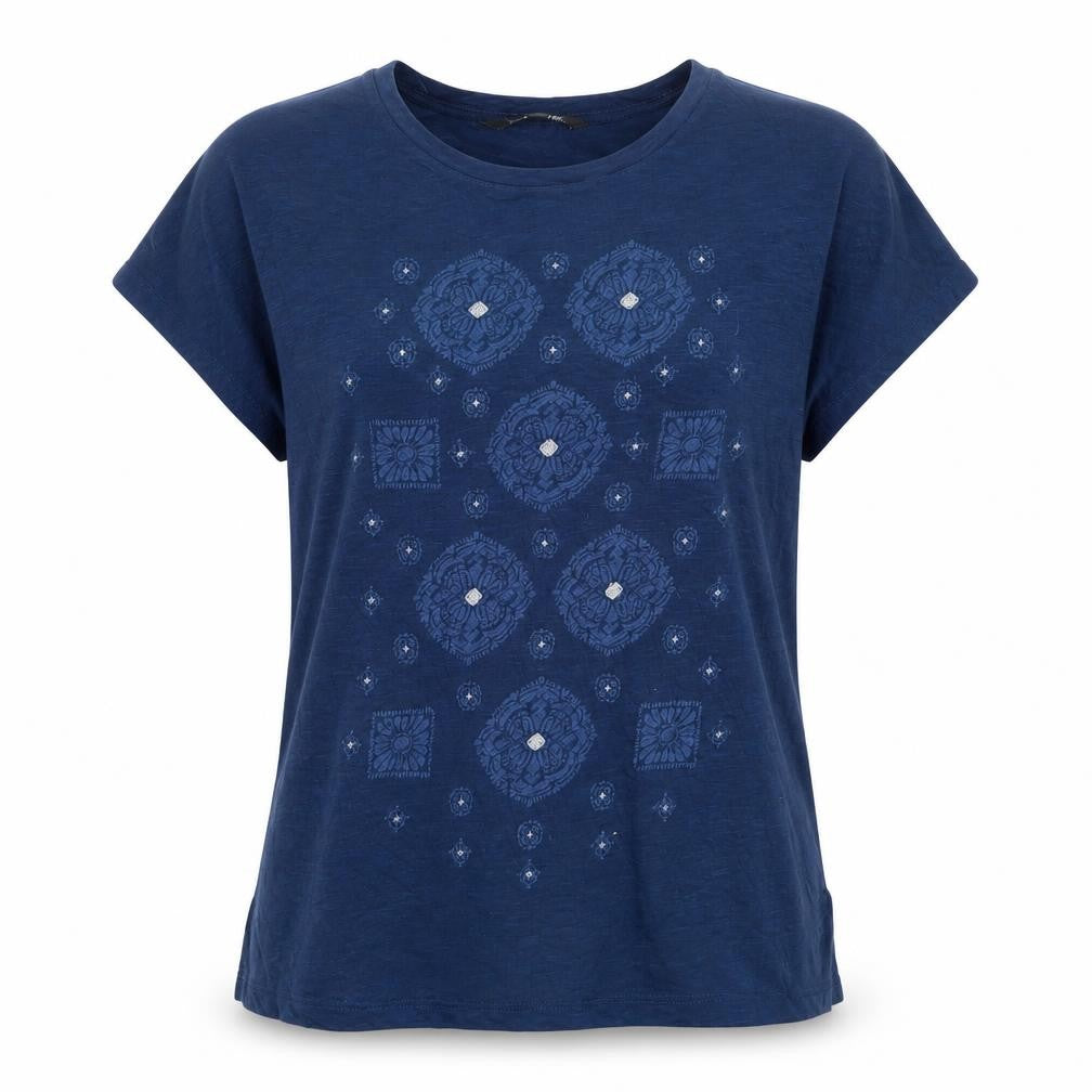 Front view of Bonmarché Women's Blue Embroidered Jersey T-Shirt, size 10
