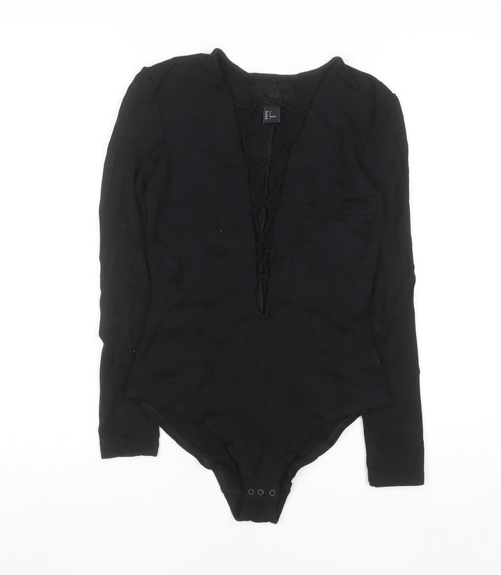 H&M Womens Black Lace-Up Long Sleeve Bodysuit Size 6 Slim Fit
