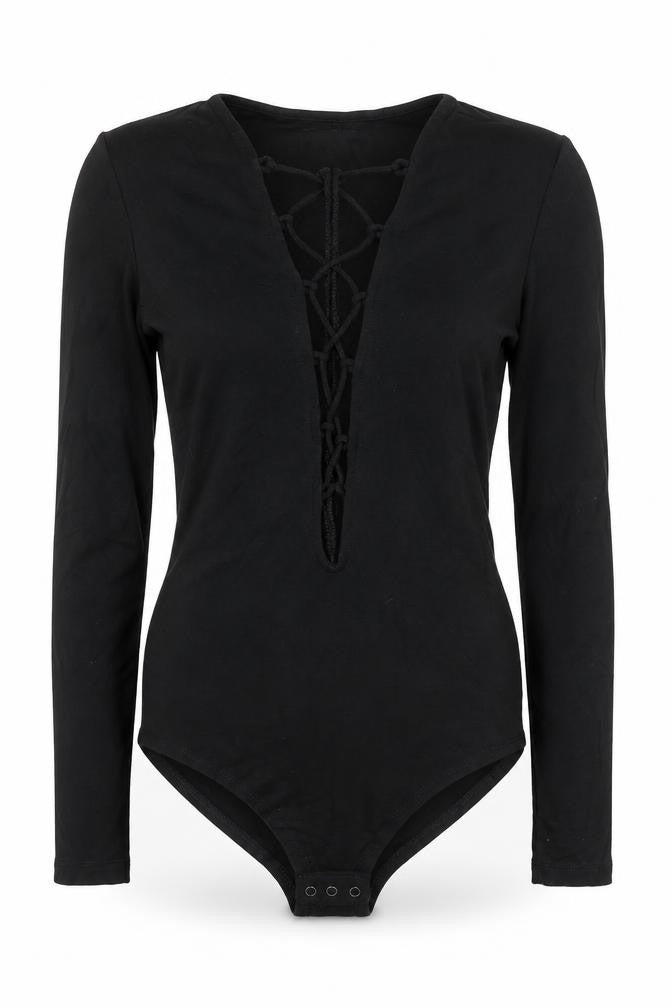 H&M Womens Black Lace-Up Long Sleeve Bodysuit Size 6 Slim Fit