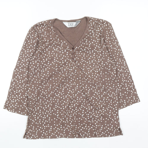 Tigiwear Womens Brown Polka Dot V-Neck Long Sleeve T-Shirt Size 14/16