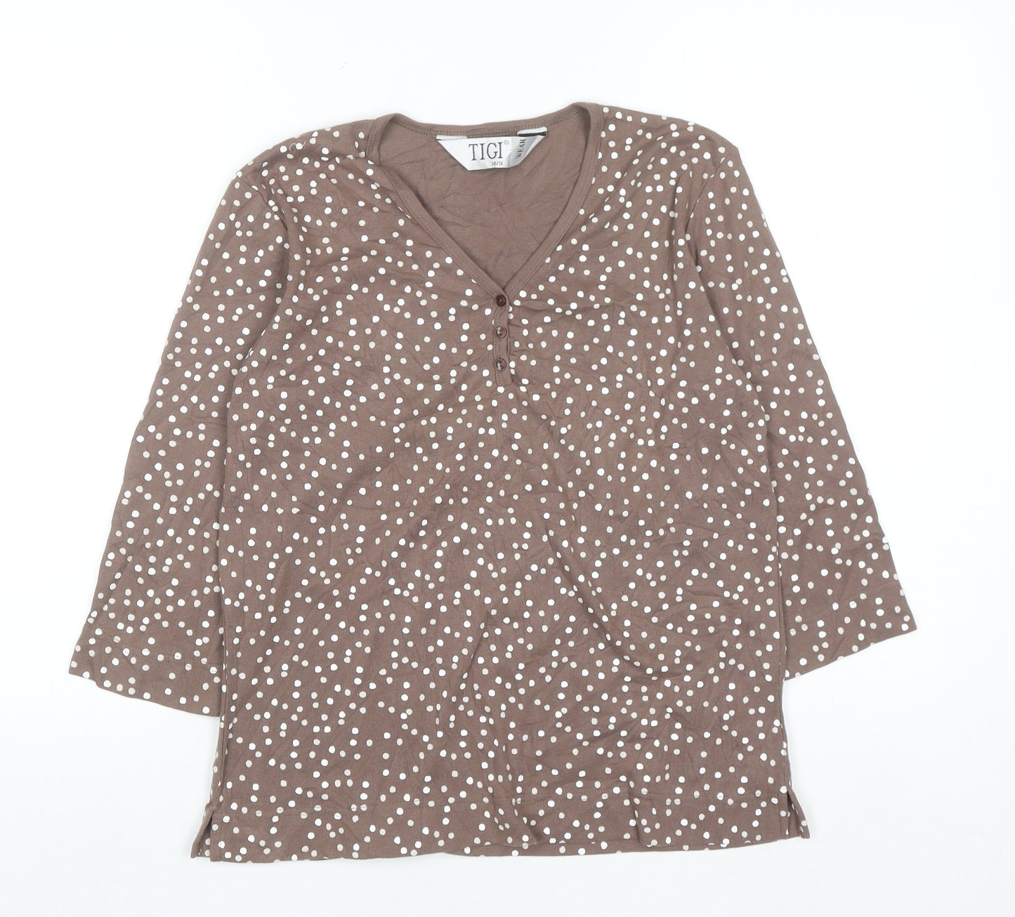Tigiwear Womens Brown Polka Dot V-Neck Long Sleeve T-Shirt Size 14/16