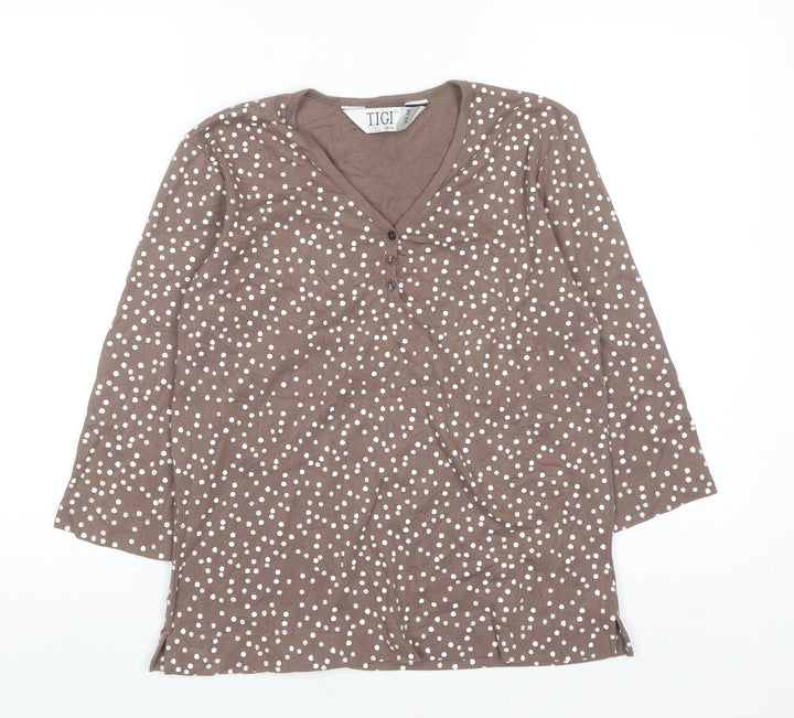 Tigiwear Womens Brown Polka Dot V-Neck Long Sleeve T-Shirt Size 14/16