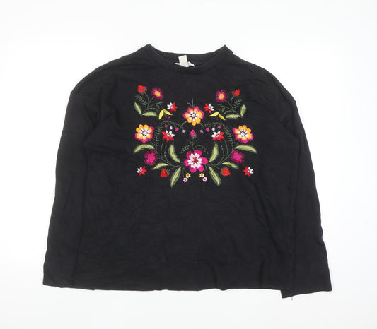 Forever 21 Women's Black Floral Embroidered Pullover Jumper Size M