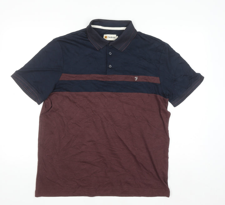 Farah Men's Navy and Burgundy Colourblock Polo Shirt L Cotton Blend