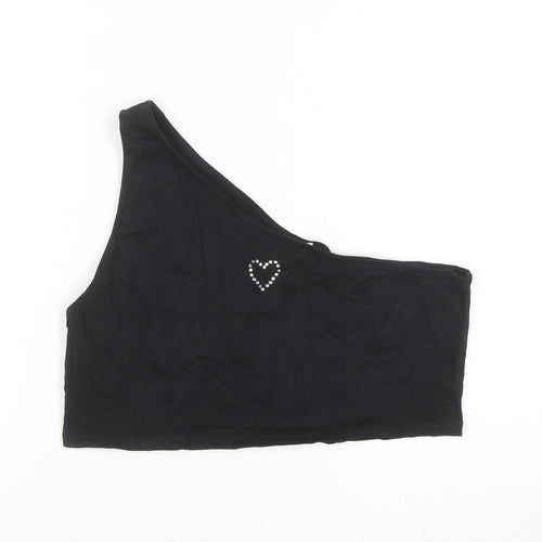 Monki Women’s Black One Shoulder Cropped Tank Top L Rhinestone Heart