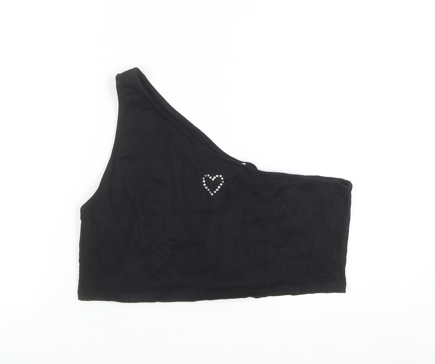 Monki Women’s Black One Shoulder Cropped Tank Top L Rhinestone Heart